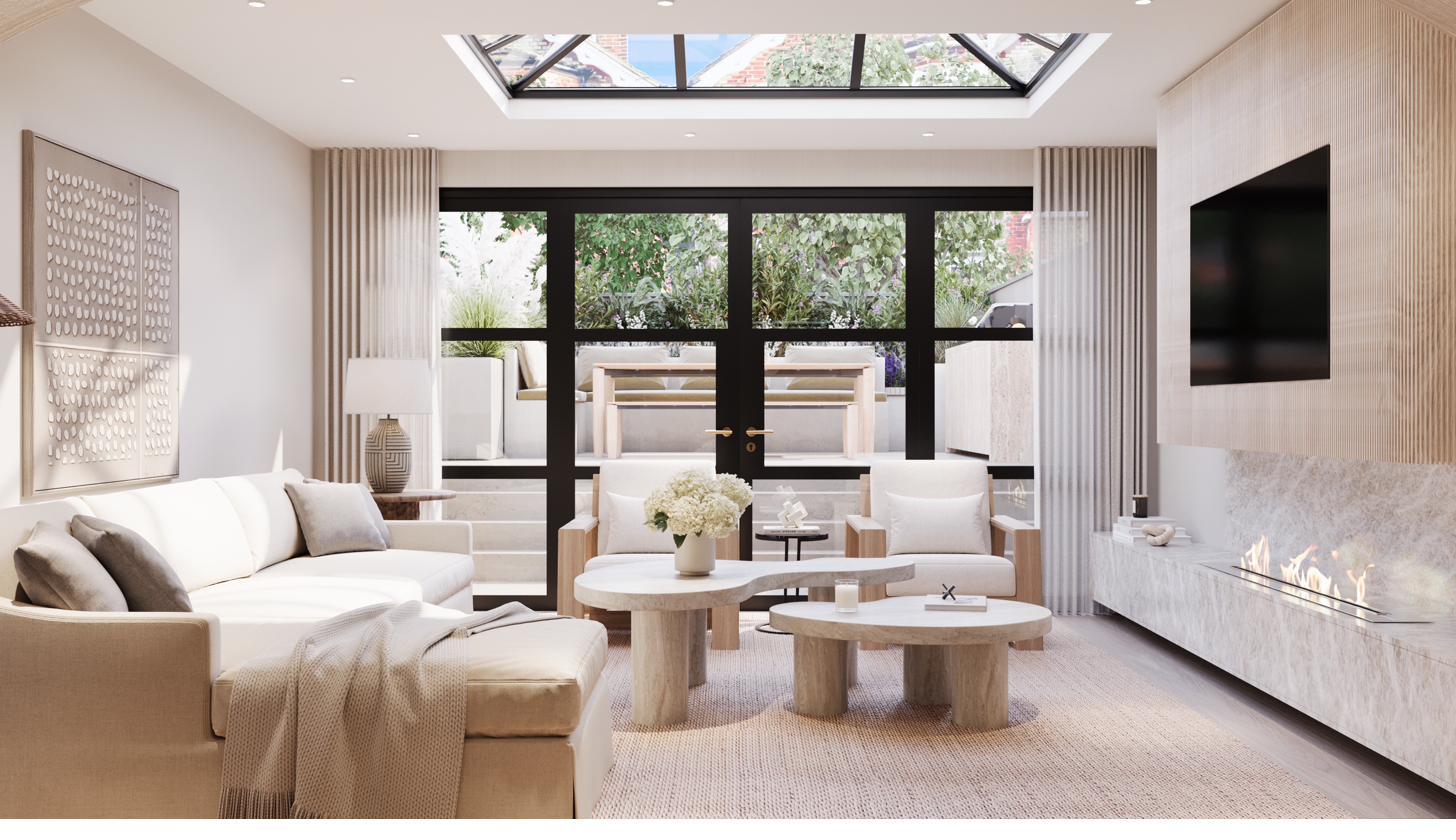 The garden-level living room, with a rooflight over the sitting area and glazed doors to the terrace